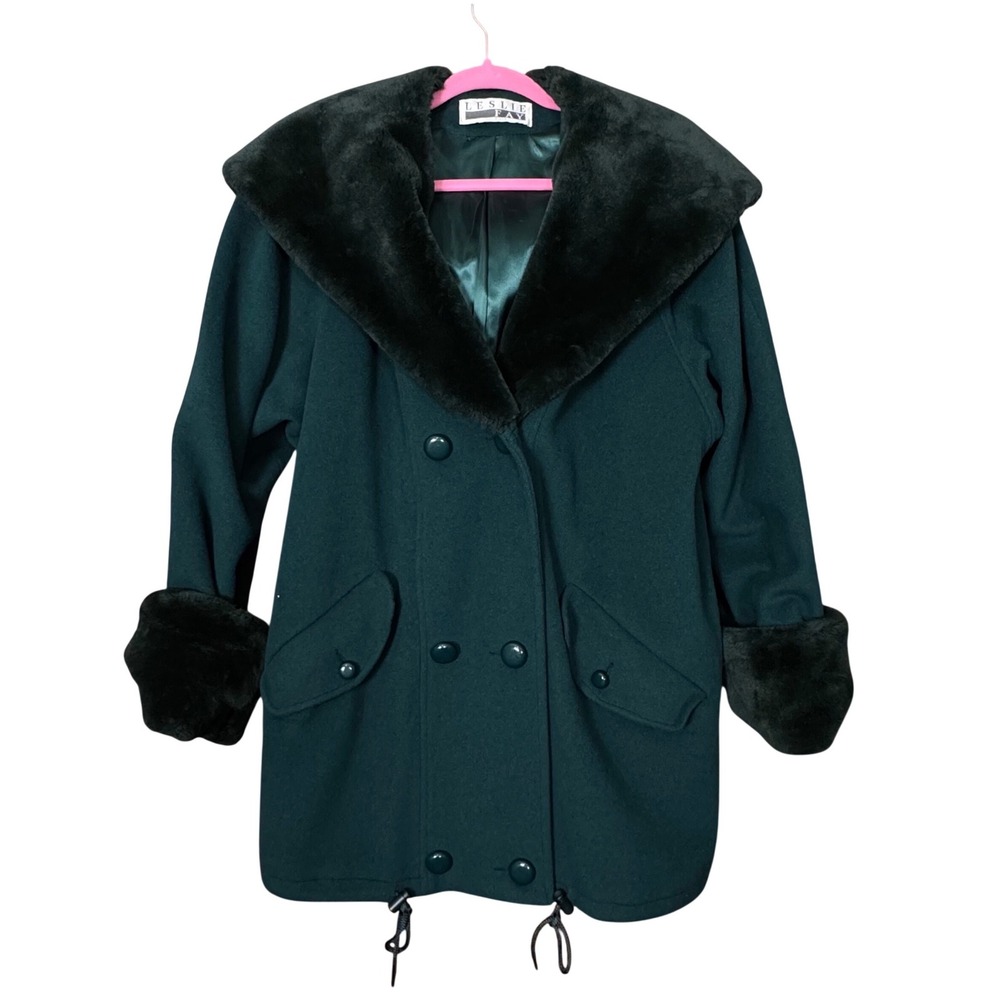 VTG Leslie Fay Wool Blend Coat Faux Fur Collar Cuffs Lined 12 Women's Dark Green - Picture 3 of 11